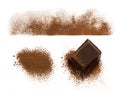 Chocolate and Cocoa powder line and heap and chocolate piece isolated on white background collection Royalty Free Stock Photo