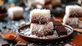 Chocolate coconut cake on a plate. Selective focus.