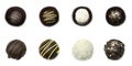 Chocolate and coconut candies collection. Beautiful truffles isolated on white background. Royalty Free Stock Photo
