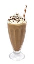 Chocolate coconut milkshake with whipped cream on a white background