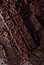 Chocolate, coffee beans. and cocoa powder. Chocolate bar pieces. dark chocolate background. A large bar of chocolate Royalty Free Stock Photo