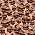 Chocolate Coffee cupcake multiplied pattern on beige caramel background
