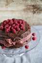 Chocolate coffee ganache cake with fresh raspberries and ribbon