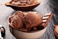 Chocolate coffee ice cream ball in a bowl. ice cream scoop Royalty Free Stock Photo