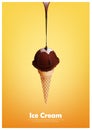 Chocolate coffee ice cream cone, Pour melted chocolate syrup, dairy product flavor, Vector illustration