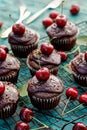 Chocolate-coffee muffins with melted dark chocolate topping with the addition of fresh cherries on a cooling tray