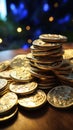 chocolate coins wrapped in gold foil on a wooden table. vertical Royalty Free Stock Photo