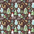 Chocolate color Christmas seamless childish wallpaper with funny paper cutting pattern with little angels, house, snowman, snowy f Royalty Free Stock Photo