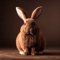 Chocolate-colored Easter Bunny sits near four white eggs. Generative AI