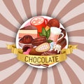 Chocolate concept dessert round pattern on sunburst background, flat vector illustration. Varied candy cake, sweet ice