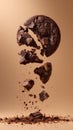 Chocolate cookie broken into pieces with chocolate chunks, dynamic floating crumbs, minimal background. Royalty Free Stock Photo