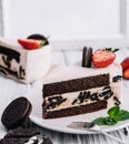 Chocolate cookie cake with strawberry on the plate Royalty Free Stock Photo