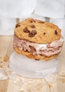 Chocolate cookie ice cream sandwich on ice Royalty Free Stock Photo