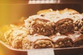 chocolate cookies. assortment baked pastry in bakery. Various Different Types Of Sweet Cakes In Pastry Shop Glass