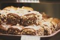 chocolate cookies. assortment baked pastry in bakery. Various Different Types Of Sweet Cakes In Pastry Shop Glass