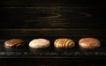 Chocolate cookies or chocolate brownie on a black serving board. Delicious dessert concept for a hotel. Millionaires shortbread Royalty Free Stock Photo