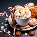 Chocolate cookies, Christmas candies, cocoa in a cup and marshmallow decorations on a gray background. Generative AI Royalty Free Stock Photo