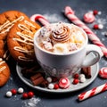 Chocolate cookies, Christmas candies, cocoa in a cup and marshmallow decorations on a gray background. Generative AI Royalty Free Stock Photo