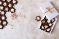 Chocolate cookies with cream packed in a white box, light background