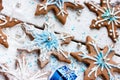 Chocolate cookies in the form of snowflakes for New Year holiday