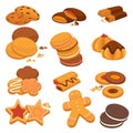 Chocolate cookies and gingerbread biscuits desserts vector icons