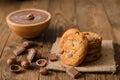 Chocolate cookies and ingredients on wooden table Royalty Free Stock Photo