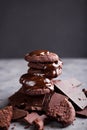 Chocolate cookies with melted chocolate and a slide chocolate