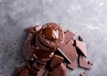 Chocolate cookies with melted chocolate and a slide chocolate