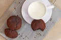 Chocolate cookies with milk on wooden desk. Tasty round biscuits. View from above Royalty Free Stock Photo