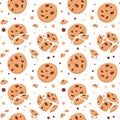 Chocolate cookies pattern. Cartoon seamless texture of sweet bakery dessert with chocolate chips and crumbs. Vector