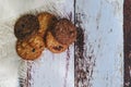 Chocolate cookies on rustic wooden table. Space for text. View top. Royalty Free Stock Photo