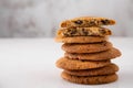 Chocolate cookies on white table. Chocolate chip cookies shot. Royalty Free Stock Photo