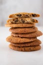 Chocolate cookies on white table. Chocolate chip cookies shot. Royalty Free Stock Photo