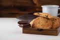 Chocolate cookies on white table. Chocolate chip cookies shot. Royalty Free Stock Photo