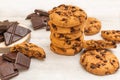 Chocolate cookies on white wooden table. Chocolate chip cookies shot. Royalty Free Stock Photo