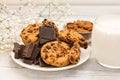 Chocolate cookies on white wooden table. Chocolate chip cookies shot. Royalty Free Stock Photo