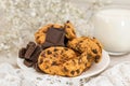 Chocolate cookies on white wooden table. Chocolate chip cookies shot. Royalty Free Stock Photo