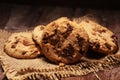 Chocolate cookies on wooden table. Chocolate chip cookies shot very delicious