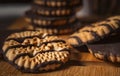 Chocolate cookies on wooden table. Closeup Shortbread cookies chocolate for morning breakfast