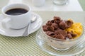 Chocolate cornflakes Corn flakes with milk and coffee Royalty Free Stock Photo