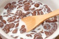 Chocolate cornflakes with milk in the bowl Royalty Free Stock Photo