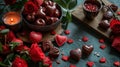 chocolate-covered candies in the shape of hearts with roses and candles, for Valentine's Day, banner Royalty Free Stock Photo