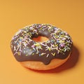 Chocolate covered doughnut with colored jimmies and sprinkles on an orange background