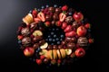 Chocolate covered fruit slices arranged in a wreath shape, christmas background, AI Generated Royalty Free Stock Photo