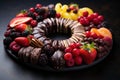 Chocolate covered fruit slices in a wreath design, christmas wallpaper, AI Generated