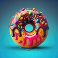 A chocolate-covered glazed donut with sprinkles on a light blue background. Created with Generative AI