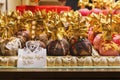 Chocolate covered love apples for sale at Christmas market