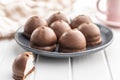 Chocolate covered marshmallows. Sweet dessert on plate Royalty Free Stock Photo