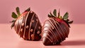 chocolate covered strawberries. Decorative confection candy. Valentine\'s Day romantic treat. Sweet fruit on pink background.