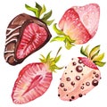 Chocolate-covered strawberries. Isolated elements. Watercolor illustration. Valentine`s Day.